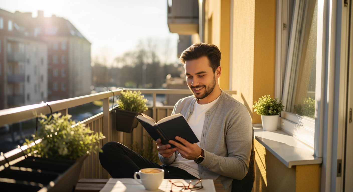 Neighbor reading on balcony