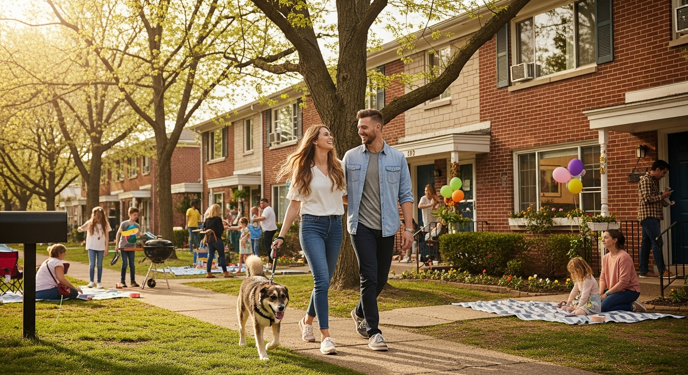 Couple walking dog